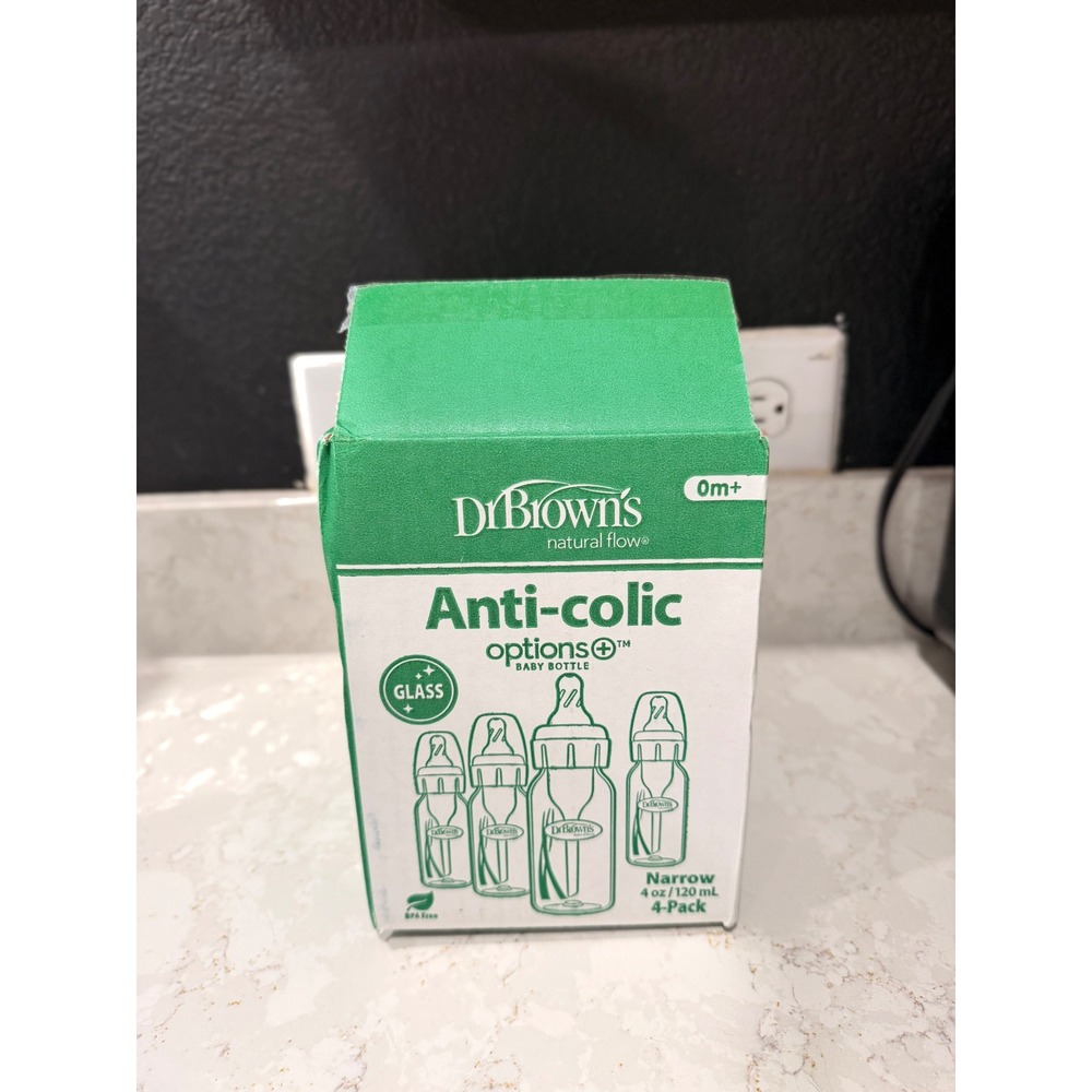 Dr. Browns Natural Flow Options+ Anti-Colic Glass Baby Bottle 4oz 4-Pack Narrow